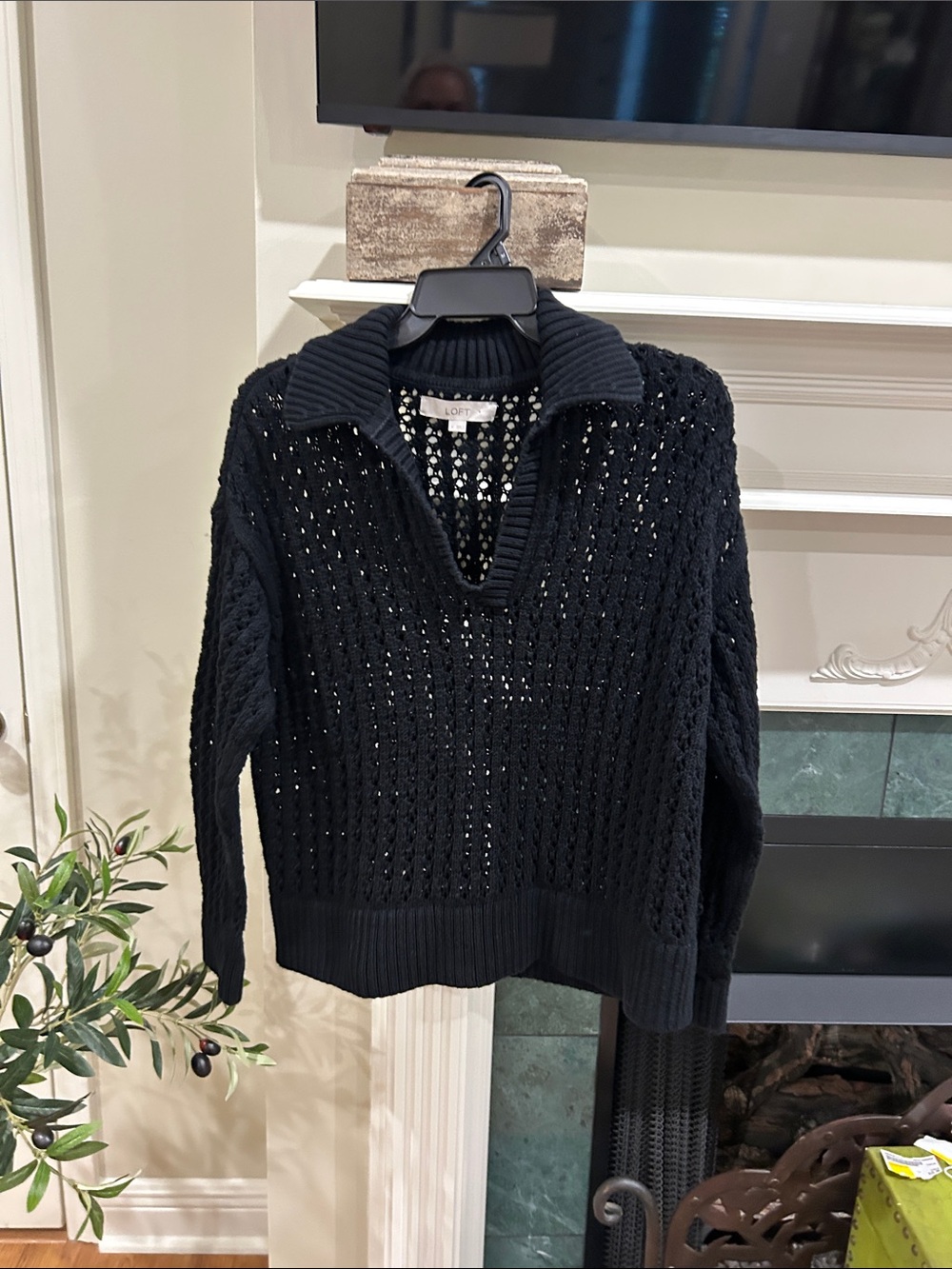 LOFT Black Open-Knit V-Neck Collared Sweater